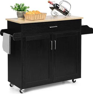 Produktbild von Küchenwagen, Servierwagen mit Abschließbaren Rädern, Küchentrolley mit Schublade, Verstellbarem Regal, Handtuchhalter und Gewürzregal, Beistellwagen für Küche Esszimmer Wohnzimmer (Schwarz)