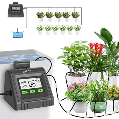 Produktbild von Lvelfe Automatisches Bewässerungssystem, Tropfbewässerungsset Wasservolumen Einstellbar, Kann 11 Pflanzen Gießen, Urlaubsbewässerungssystem für Zimmerpflanzen, Garten, Balkon Pflanzen, Topfpflanzen