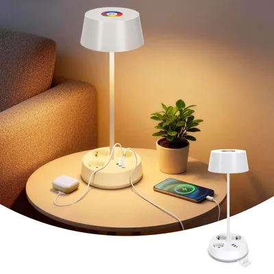 LED-Tischlampe mit Steckdosen, Touch, RGB, 3 Farbtemperaturen, dimmbar