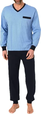 Immagine prodotto di Pigiama lungo da uomo Normann con polsini - Pigiama con elegante stampa minimalista e scollo a V; azzurro1 , 48