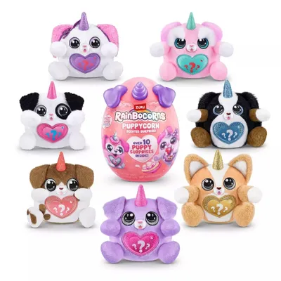A collection of Rainbocorns Puppycorn Surprise plush toys arranged around a central egg-shaped package.