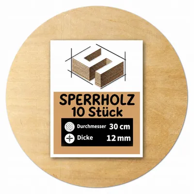 Produktbild von Runde Holzrohlinge aus Birkensperrholz zum Basteln und Bemalen – Lasergravur, CNC-Fräsen, Modellbau, Laubsägearbeiten, Brandmalerei und Decoupage – Ø 30 cm (300 mm) – 12 mm – 10 Stück
