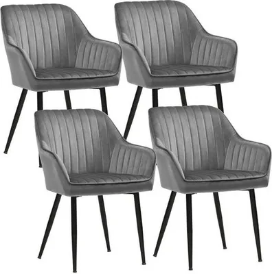 Four gray upholstered chairs with black metal legs are arranged in a grid on a white background.
