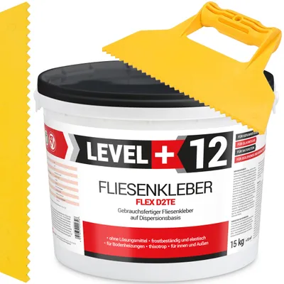 Obrázek produktu pro Sada bílého disperzního lepidla na dlaždice 15 kg Level+12 a plastového tmelu na dlaždice s trojúhelníkovým zubem 5 mm připravená k použití