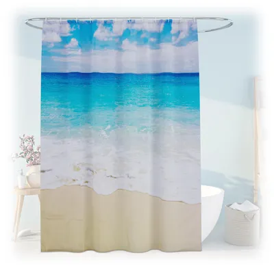 Produktbild von Duschvorhang mit Sandstrandmotiv, Badezimmervorhang 180 x 200 cm, schimmelresistent, waschbar, 12 Ringe, mehrfarbig