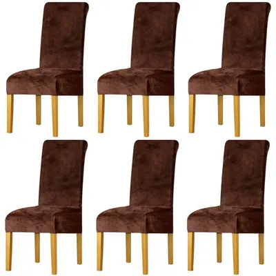 Obrázek produktu pro Sada 6 potahů na židle, univerzální, odnímatelné, pratelné, sametové, elastické, tmavě hnědé, velikost M