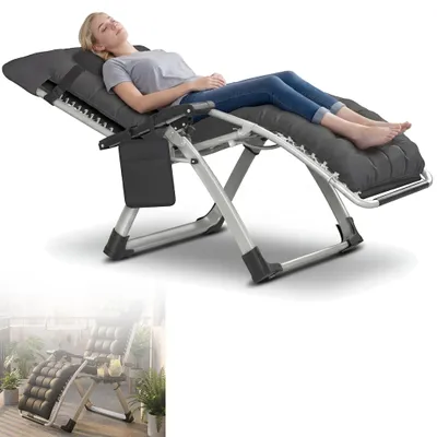 Produktbild von LZQ Gartenliege Klappbar bis 160 kg, Gepolsterter Liegestuhl mit Kopfkissen, Getränkehalter & Seitentasche, Stahlrahmen Relaxliege für Garten, Terrasse & Camping, Schwarz