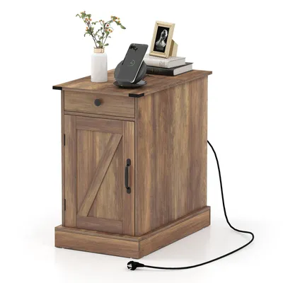 Image de COSTWAY Table d'appoint, table de chevet avec station de recharge, petite table avec plateau, tiroir, plateau & armoire, table de salon avec étagère, marron