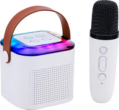 Image de Haut-parleur karaoké Bluetooth Mini boîte à musique avec microphone et spectacle de lumière RGB - Haut-parleur de fête avec 9 effets sonores - Compact et léger - Blanc