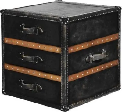 Produktbild von Casa Padrino Luxus Beistelltisch mit 2 Schubladen Schwarz / Braun 52 x 48 x H. 50 cm - Handgefertigter Beistelltisch im Kofferlook