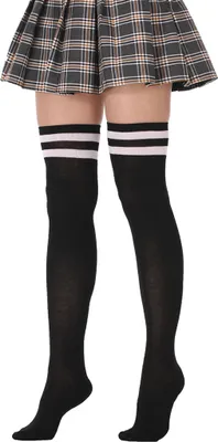 Produktbild von ASKSA Damen Overknee Strümpfe Kniestrümpfe Lange Gestreifte Socken High Socks Baumwolle Solid Color, Schwarz+weißer Balken