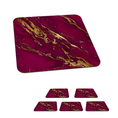 Produktbild von KitchenYeah® Glasuntersetzer Quadratisch 6er Set Marmor - Rosa - Gold - Linie 10x10 cm Untersetzer für Gläser - Getränkeuntersetzer - Tischplattenschutz - Tischuntersetzer für Tassen Tisch Bar Glas