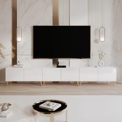 Produktbild von Idohome TV Lowboard Angel 300 cm Weiß Hochglanz–TV-Schrank mit LED-Beleuchtung, Fernsehschrank auf goldfarbenen Metallbeinen,Medienmöbel, Push-to-Open