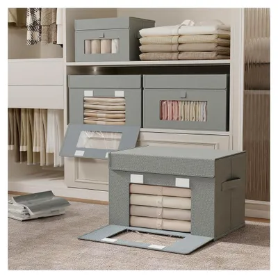 Produktbild von Klarsichtfenster Aufbewahrungsbox mit Deckel, Faltbare Kisten Aufbewahrung mit 2 Stoffgriffen, Kleiderschrank Organizer, für Schlafzimmer, 4 Stück, Grau, 38 x 25 x 25 cm, -4