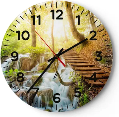 Produktbild von Wanduhr - Rund - Glasuhr - Park Wasserfall Wasser - 30x30cm - Schleichendes Uhrwerk - Lautlos - zum Aufhängen bereit - Dekoration Modern - Wanddekoration aus Glas - C4AR30x30-3639