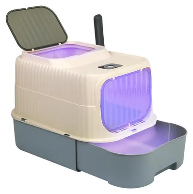 Image de Bac à litière - Grand bac à litière avec lampe UV - Fermé - Pour balcon et terrasse - Plastique - Gris