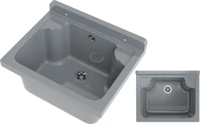 A gray sink is shown against a white background, with a smaller inset image of the same sink.