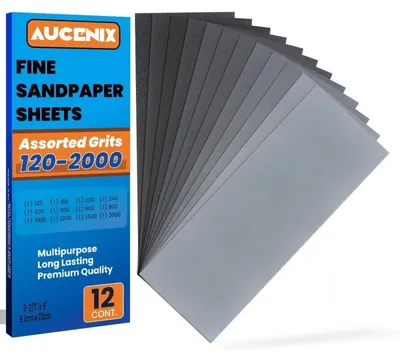 Image de Lot de 12 feuilles de papier abrasif, de différents grains (120 à 2000), utilisables à l'eau et à sec, pour le bois, le métal et les meubles