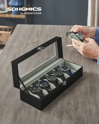 Obrázok produktu pre SONGMICS Box na hodinky pre 6 hodiniek, puzdro na hodinky so skleneným vekom, puzdro na hodinky so zámkom