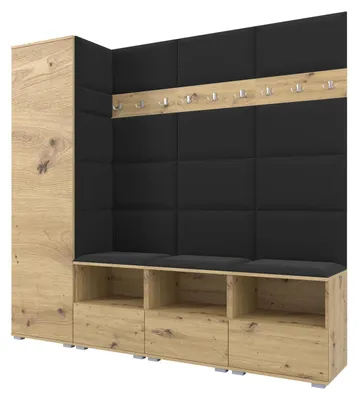 Obrázek produktu pro Šatní skříň NELA IX 200 cm, modulární nábytek do předsíně, dub Artisan, s černým polstrováním sedáku 16 (šířka lavice)