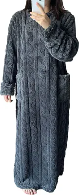 Produktbild von Herbst-Winter-Nachthemd, dickes Korallenvlies, lose Taschen, warm, einfarbig, Rundhalsausschnitt, verdrehte Textur, lange Ärmel, volle Länge, Thermo-Homewear, Damen-Nachthemd