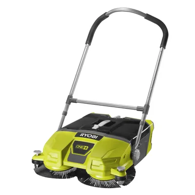 A product shot of a green and black electric sweeper on a white background.