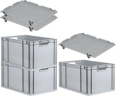 Produktbild von SuperSparSet 3x Eurobox NextGen Economy mit Auflagedeckel und 4x Schiebeschnappverschlüsse Schwarz | Griffe offen | HxBxT 32x40x60cm | 65 Liter | Eurobehälter, Transportbox, Transportbehälter, Stapelbehälter