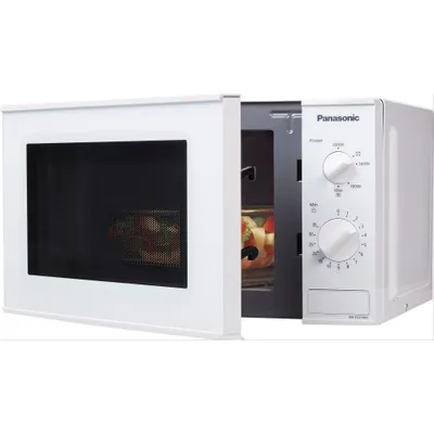 A white Panasonic microwave oven with its door open, showing the interior and control panel.