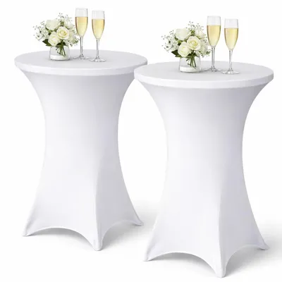 Produktbild von Set mit 2 elastischen Tischdecken für Stehtische 80 x 110 cm – Elastische Tischdecken für Stehtische – Waschbar und knitterfrei – Ideal für Geburtstage, Hochzeiten, Partys und Eventdekorationen (weiß)