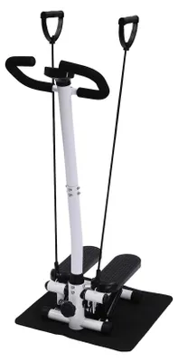 A white and black fitness stepper with resistance bands, shown on a black mat against a white background.