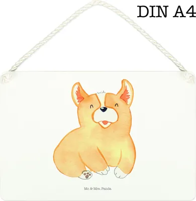 Produktbild von Mr. & Mrs. Panda Schild Corgie DIN A4 - Weiß - Geschenk, Spruch, Motivation, wandtafel, Wandbild Holz, Sprüche, Bellen, Dekobrett, Süß, Hund, Türschild, Holzschild