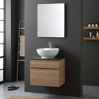 Immagine prodotto di Mobile bagno quercia top legno antracite per lavabo da appoggio | Sole