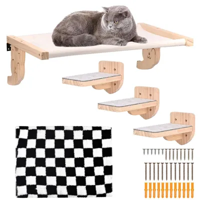 Produktbild von Katzenhängematte Wandmontage - Holz Katzenwandmöbel - Katzenregale - Sitzstangen - Katzenwandregal - Plüschplattform zum Schlafen und Spielen - Katzenbett