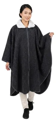 Image de Poncho ample en Laine 100% - Couleur anthracite avec col en Fourrure artificielle