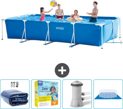 Obrázok produktu pre Bazén Intex s obdĺžnikovým rámom - 450 x 220 x 84 cm - modrý - obsahuje markízu - balík na údržbu - filtračné čerpadlo pre bazén - zemný kryt
