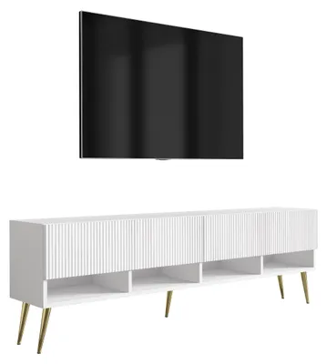 Image de Meuble TV avec façades rainurées, blanc mat, pieds inclinés dorés, 170 × 32 × 52 cm