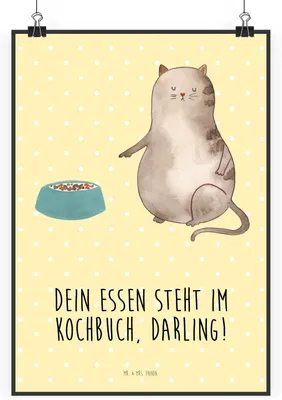 Produktbild von Mr. & Mrs. Panda wanddeko Katze Fressen DIN A2 - Gelb Pastell - Geschenk, drucke, wandkunst, Kunstdruck, Wandbild, Bild