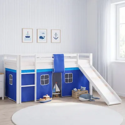 Produktbild von Homestyle4u Hochbett 90x200 mit Rutsche Lattenrost Vorhang Blau Junge Kinderbett Weiß Holz Kiefer Massiv Stockbett Spielbett