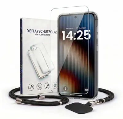 Produktbild von Handyhülle für Samsung Galaxy S23 FE mit Handykette und 9H Displayglas Displayschutz Band in Schwarz Kordel Hülle Case Schutzhülle Transparent