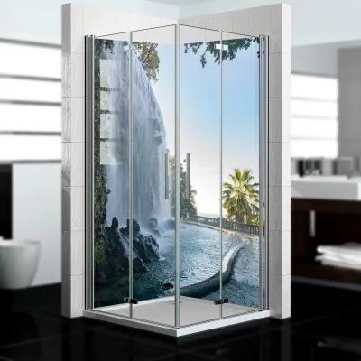 Produktbild von dedeco Eck-Duschrückwände Aluminium wasserfest Motiv: Wasserfall V11, Nano-Protect seidenmatt, 2 x 100x200x0,3cm, Fliesenersatz fugenlos Wandverkleidung Wandpaneele,  Germany