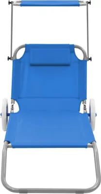 A blue beach chair with wheels and a sunshade is shown from the front.