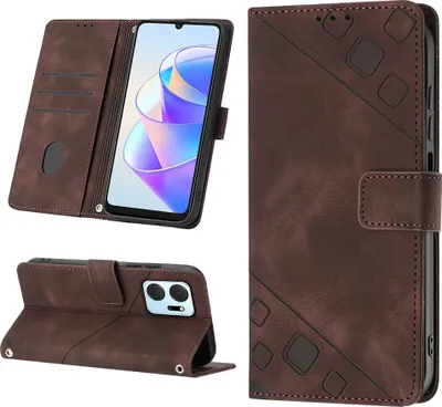 Image de Etui pour Honor X7A Etui portefeuille en cuir gaufré avec fonction stand Marron