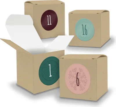 Produktbild von Adventskalender zum Füllen 24x Würfel 6,5cm BRAUN + Sticker V05 Z14