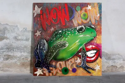 Image de Gilde Bild, quadratisch, "Frosch", Froschmotiv, Mundmotiv, Graffiti, Holz, Leinwand, mehrfarbig, VE 1, L. 3,5 cm, B. 80 cm, H. 80 cm  38159