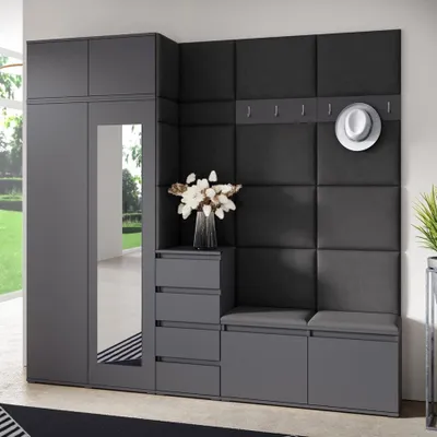 Produktbild von Garderoben-Set BERLIN – Kleiderschrank mit Polsterplatten, Schuhschrank und Schrankaufsatz 90 cm, für Flur und Eingangsbereich (Graphite, Trinity 15)