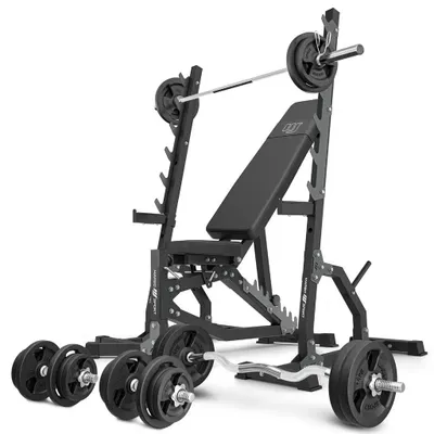 Immagine prodotto di Marbo Sport - Set MS8_2.0_113KG | Panca pesi regolabile bifacciale + supporto multilivello (2 pezzi) + set di barre e piastre pesi 113 kg