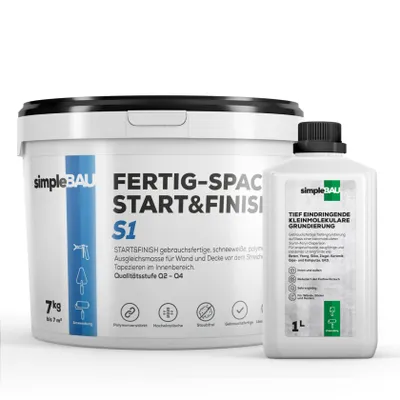 Produktbild von SimpleBau Spachtelmasse Start&Finish gebrauchsfertig zum Reparieren und Glätten von Wänden Perfekte weiße Farbe, 7kg + 1l Grundierung