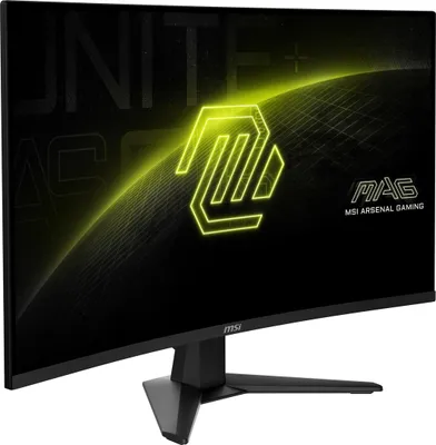 A curved computer monitor with a black stand, displaying a neon yellow logo and text.