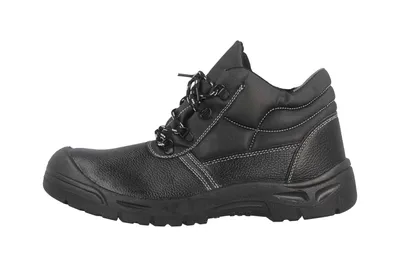 A black work boot is shown against a white background.