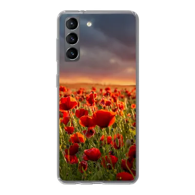 Produktbild von MuchoWow® Handyhülle Schutzhülle Hülle für Samsung Galaxy S21 Sonnenuntergang über einem Feld von Mohnblumen Silikon Softcase Handy Hülle - Softcase